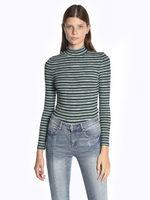 Striped high neck long sleeve t-shirt with embroidery