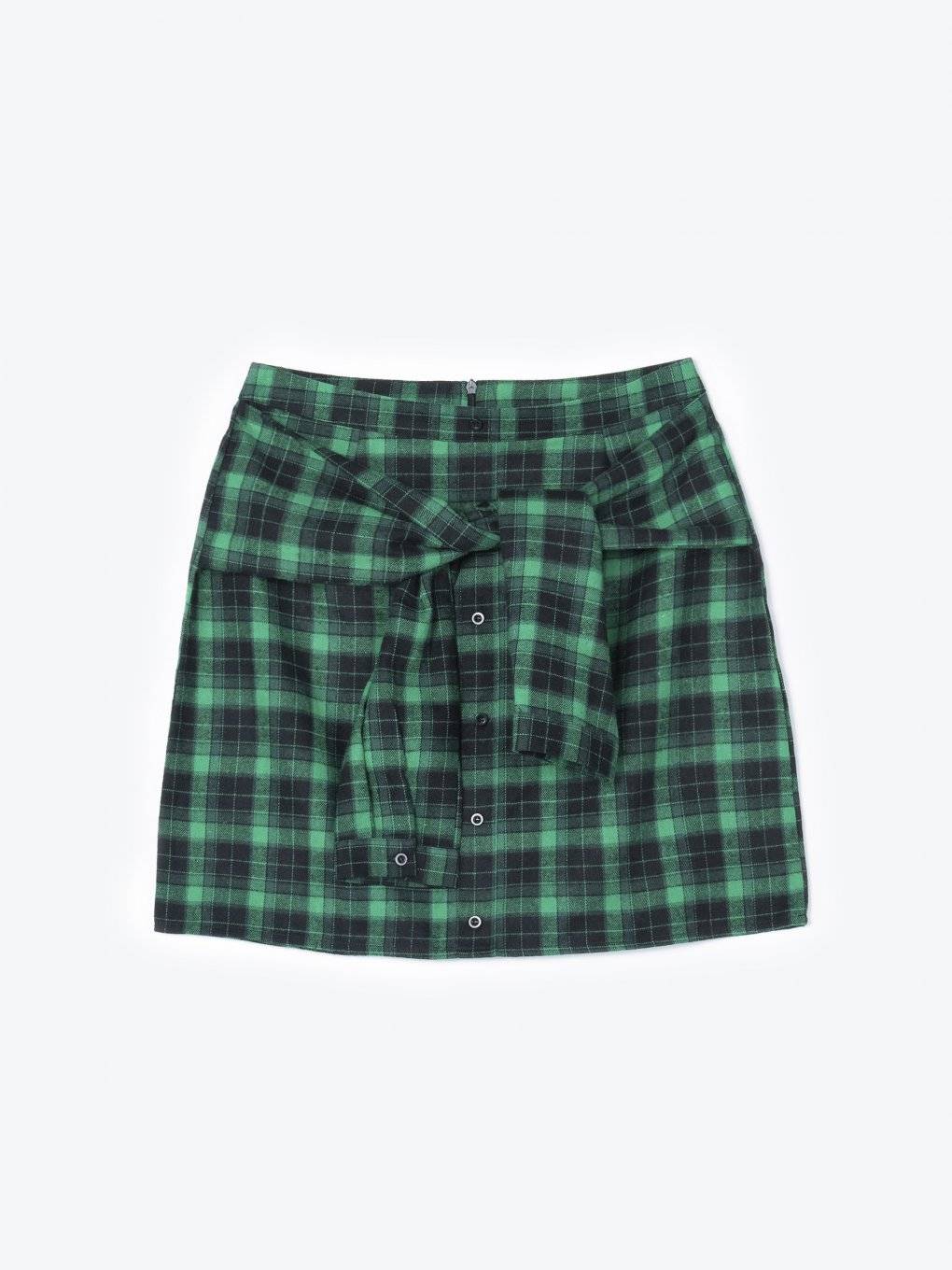 Plaid button down skirt with faux sleeve knot