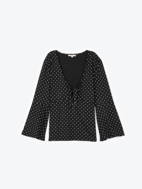 Polka dot print top with knot and bell sleeves