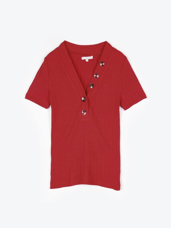 Ribbed v-neck short sleeve top with buttons