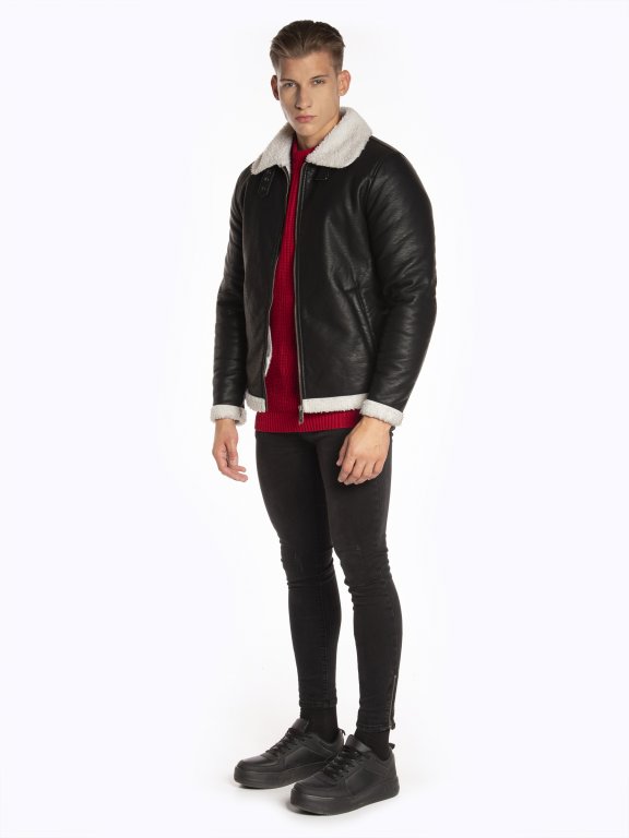 Faux leather pile lined military jacket