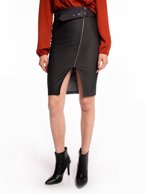 Bodycon skirt with decorative belt and asymmetric zipper