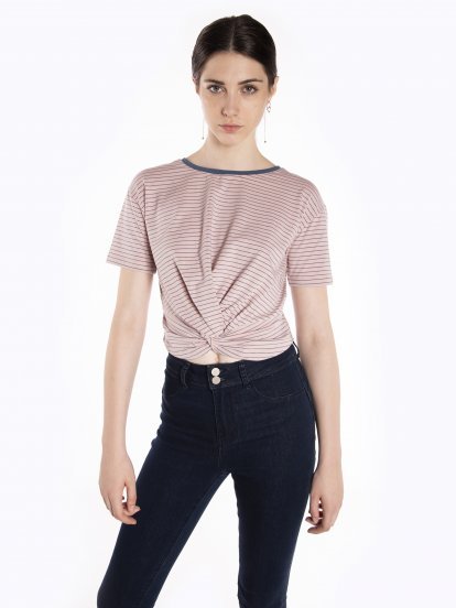 Striped crop top with front know