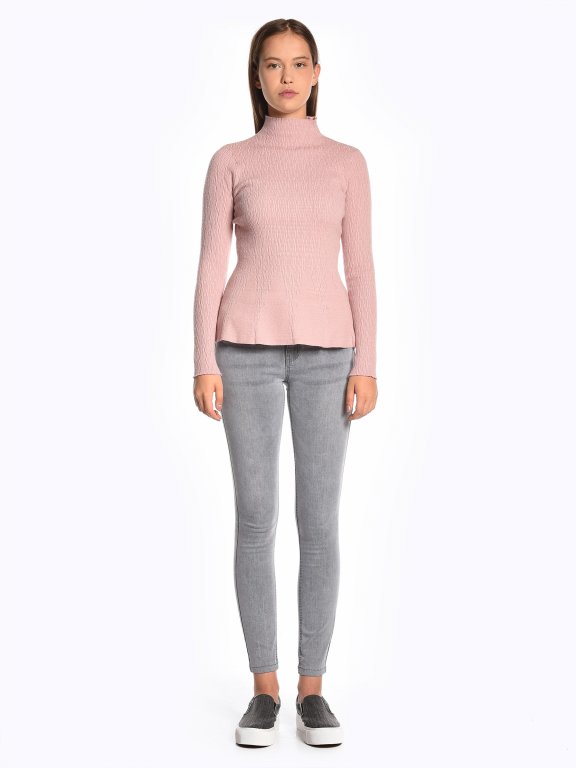 Structured high collar pullover with ruffled hem