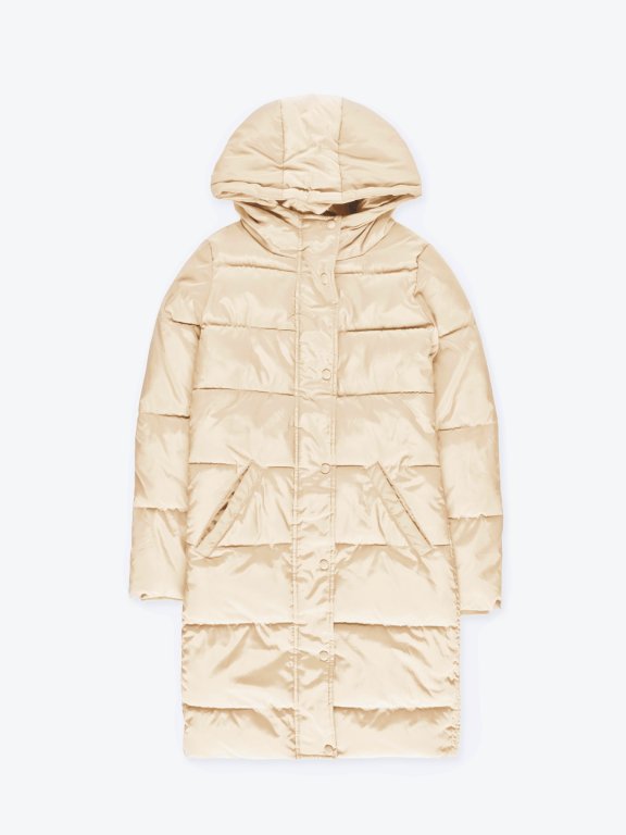 Basic longline quilted padded jacket with hood