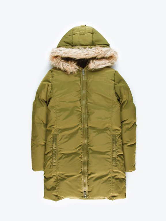 Longline quilted padded jacket with removable fur