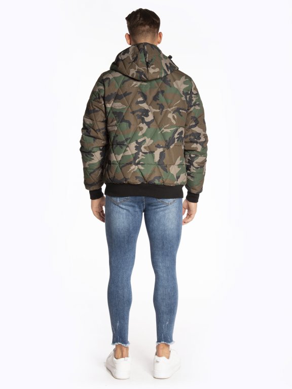 Quilted padded camo print bomber jacket with hood