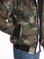 Quilted padded camo print bomber jacket with hood