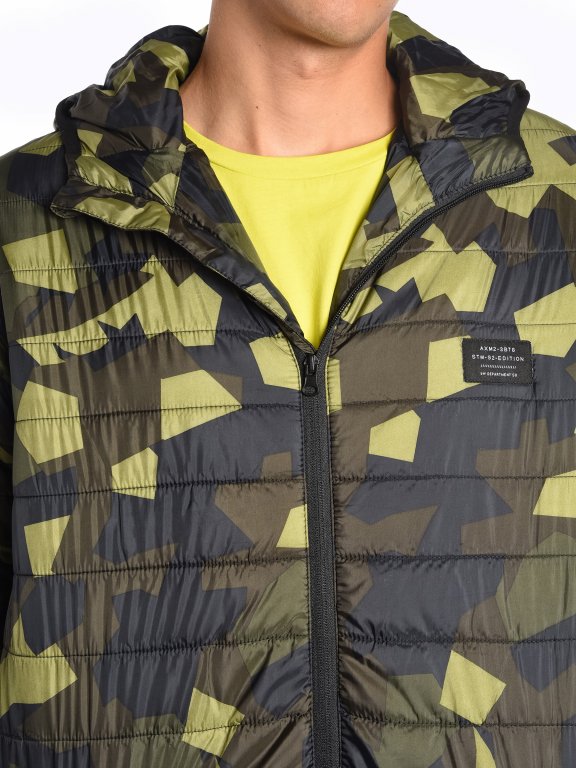 Quilted light padded camo print jacket with hood
