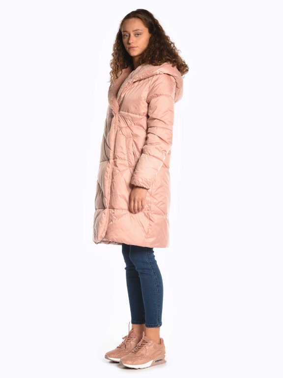 Faux fur lined quilted padded jacket with hood