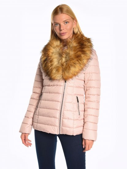 Quilted padded jacket with removable fur collar