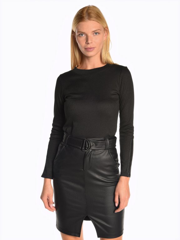 Ribbed top with faux leather sleeve detail