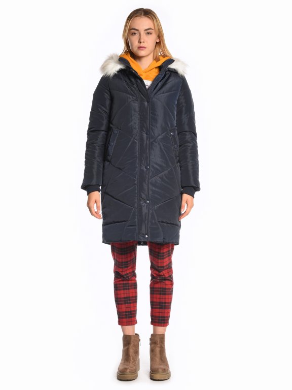 Longloine qulited padded jacket with removable faux fur