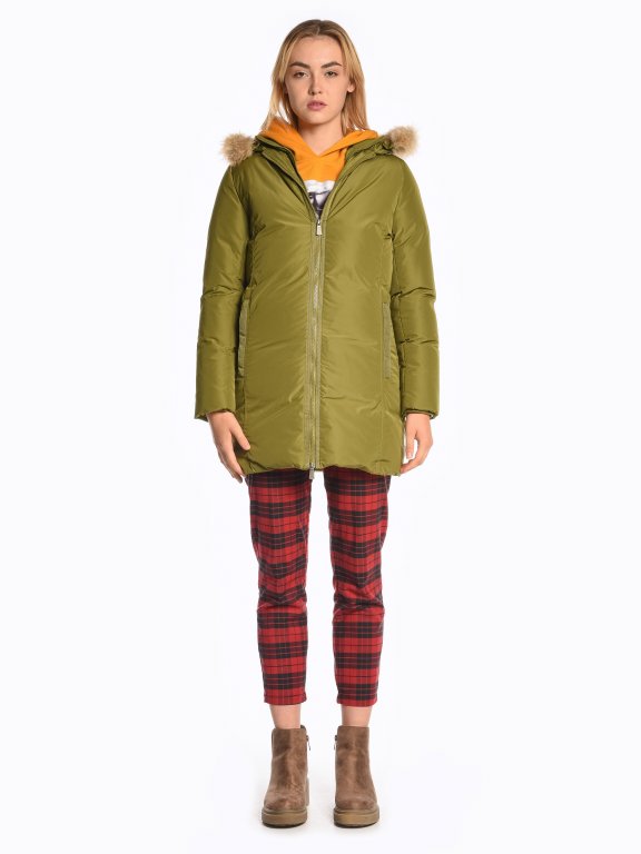 Longline quilted padded jacket with removable fur