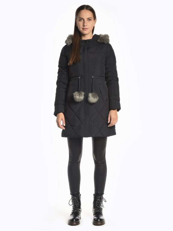 Longline quilted padded jacket with pom-poms