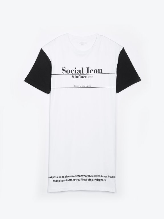 Longline t-shirt with contrast sleeve and slogan print