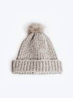 Chenille beanie with faux fur pompom