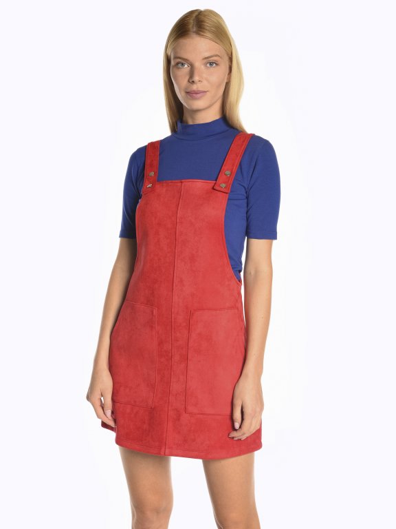 Faux suede dungaree skirt with patch pockets