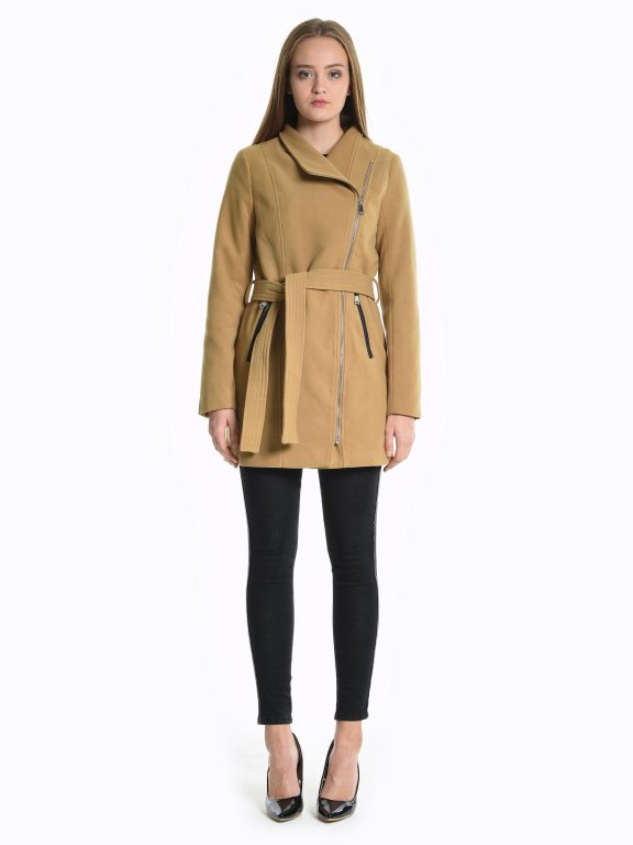 Belted coat with asymmetric zipper