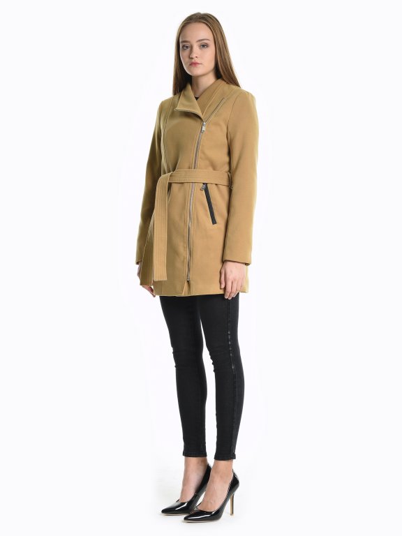 Belted coat with asymmetric zipper