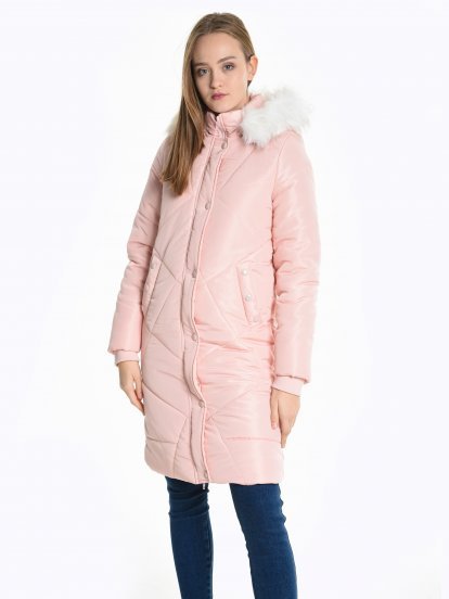 Longloine qulited padded jacket with removable faux fur