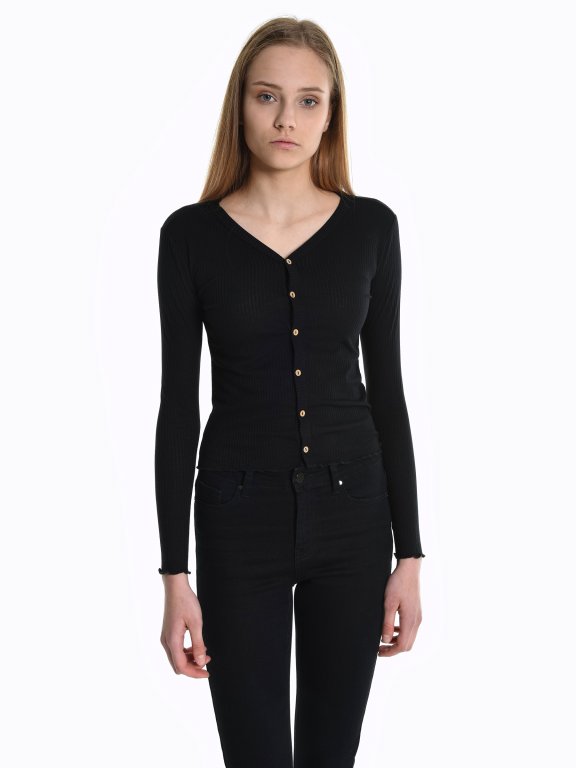 Ribbed v-neck long sleeve top with buttons