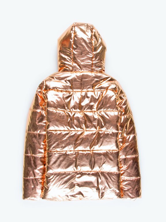 Metallic quilted padded jacket with hood