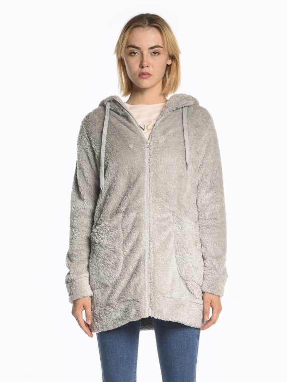 Fluffy longline sweatshirt with zipper