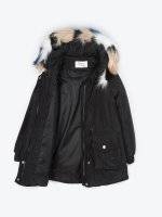 Hooded padded parka with patch on sleeve