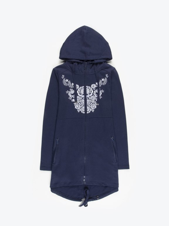 Longline hoodie with floral embroidery