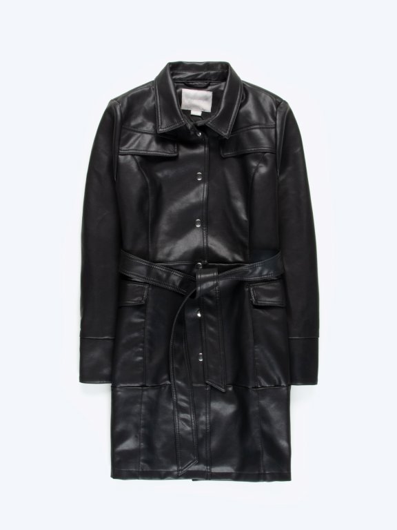 Faux leather coat with belt