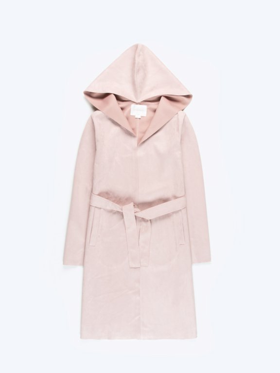 Faux suede hooded coat with belt