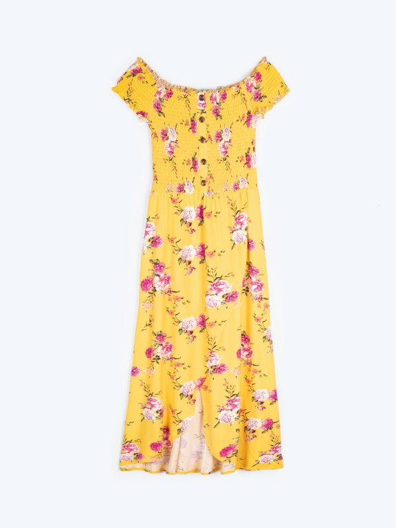 Šaty s kvetinovou potlačou a odhalenými ramenami