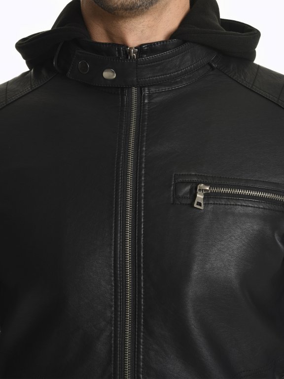 Motorkárska bunda s kapucňou z imitácie kože