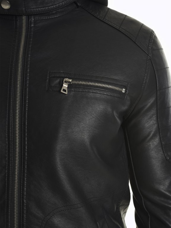 Motorkářská bunda s kapucí z imitace kůže