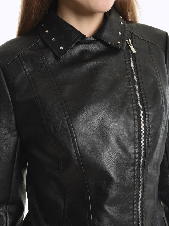 Faux leather biker jacket with studs on collar