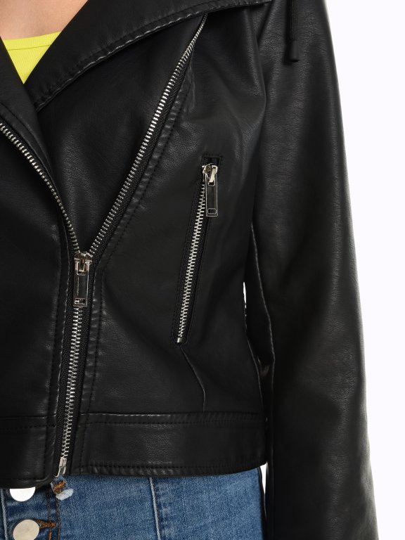 Motorkářská bunda z imitace kůže s odepínatelnou kapucí