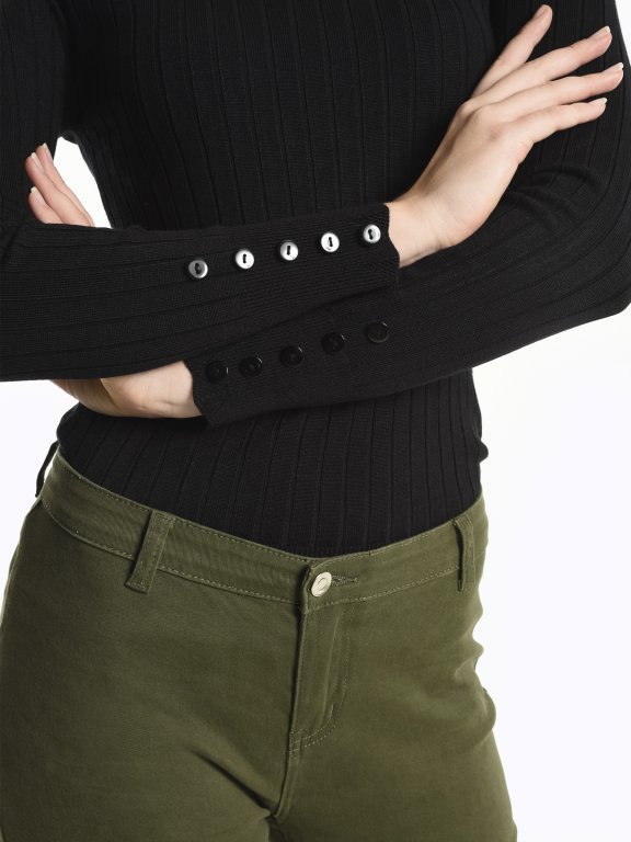 Boat neck ribbed pullover with sleeve buttons