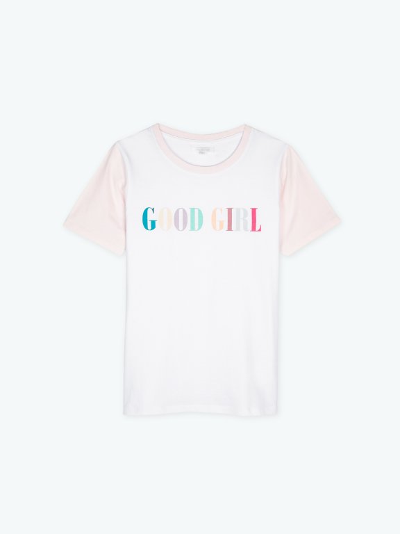 Message print t-shirt with contrast sleeves