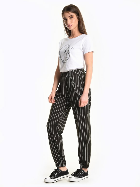 Striped cargo jogger trousers with decorative chain