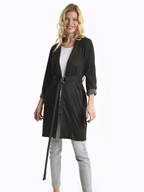 Striped robe coat with metal buckle