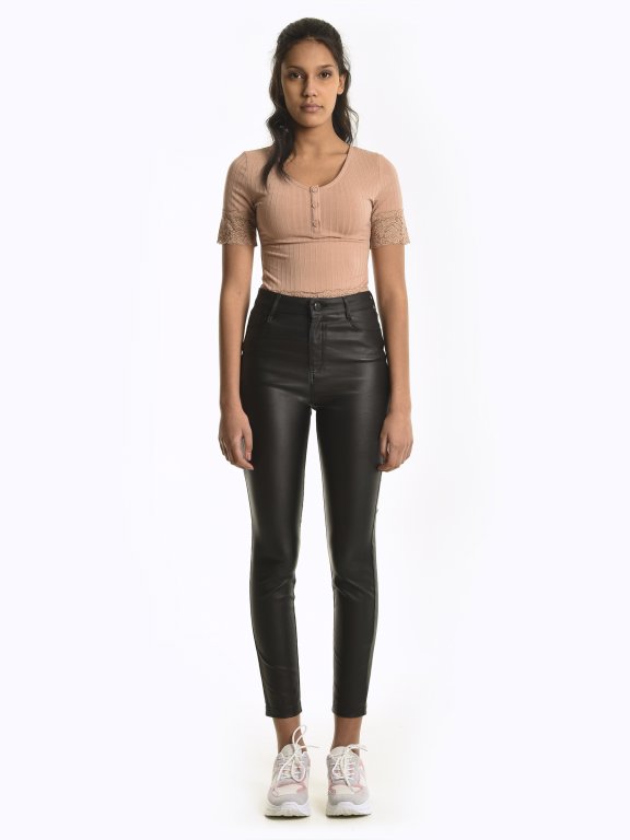 Stretchy skinny fit coated trousers