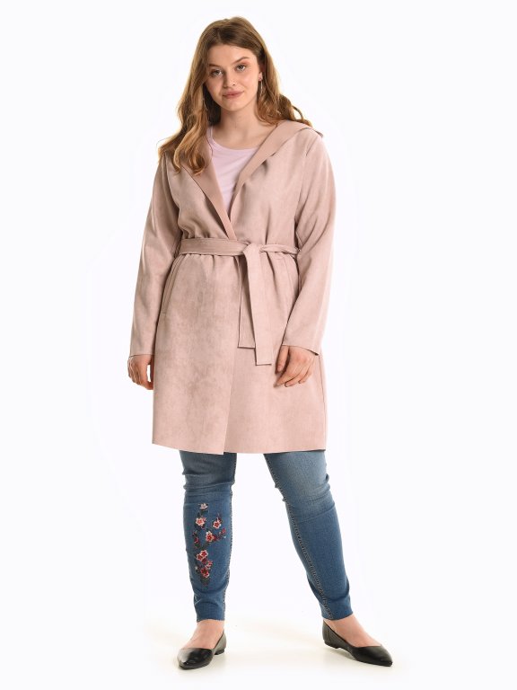 Faux suede hooded coat with belt