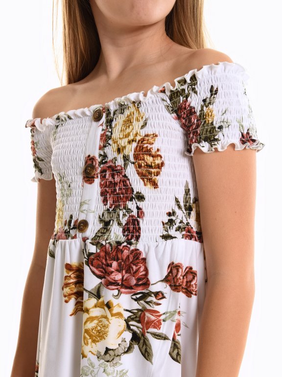 Šaty s kvetinovou potlačou a odhalenými ramenami