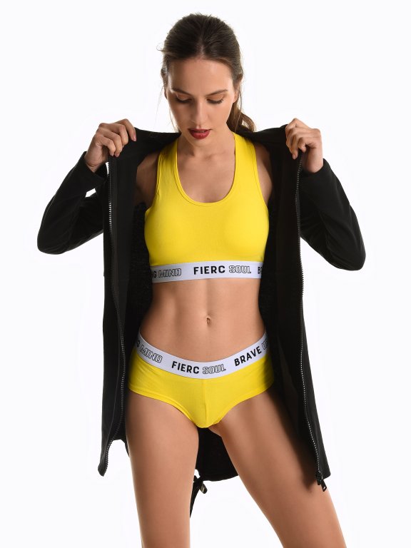 Sports bra with slogan tape
