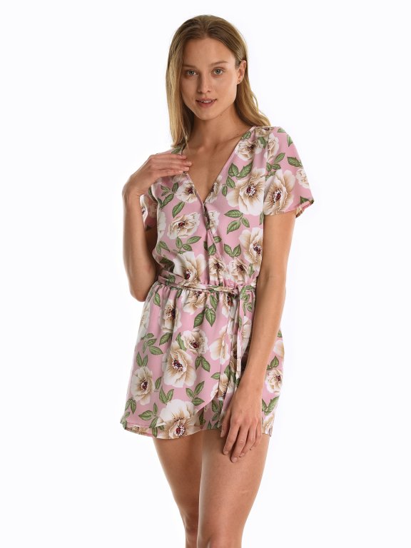 Short jumpsuit with floral print and belt