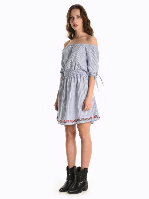 Striped off-the-shoulder dress with embroidery