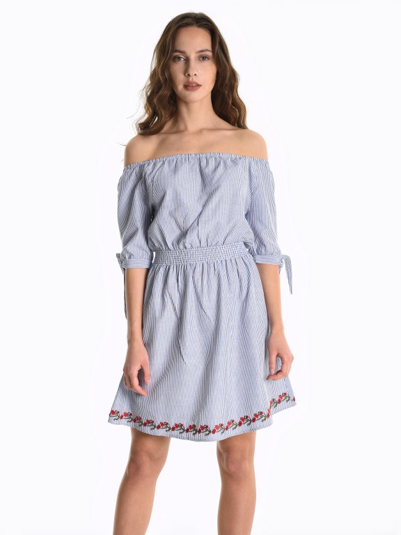 Striped off-the-shoulder dress with embroidery