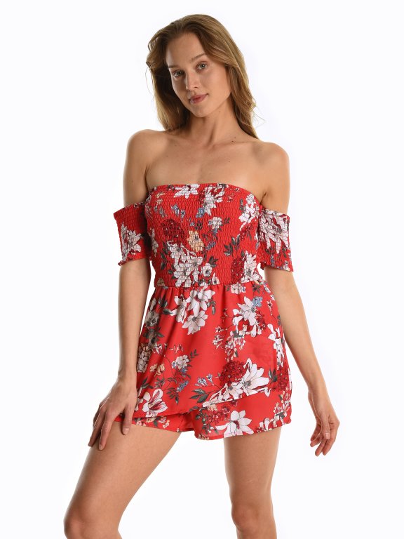 Off-the-shoulder floral print short jumpsuit