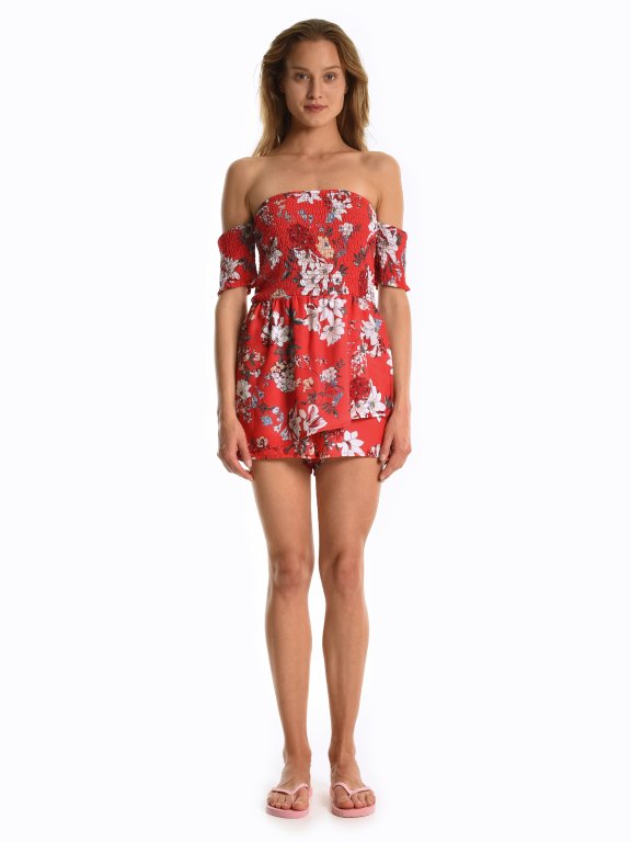 Off-the-shoulder floral print short jumpsuit